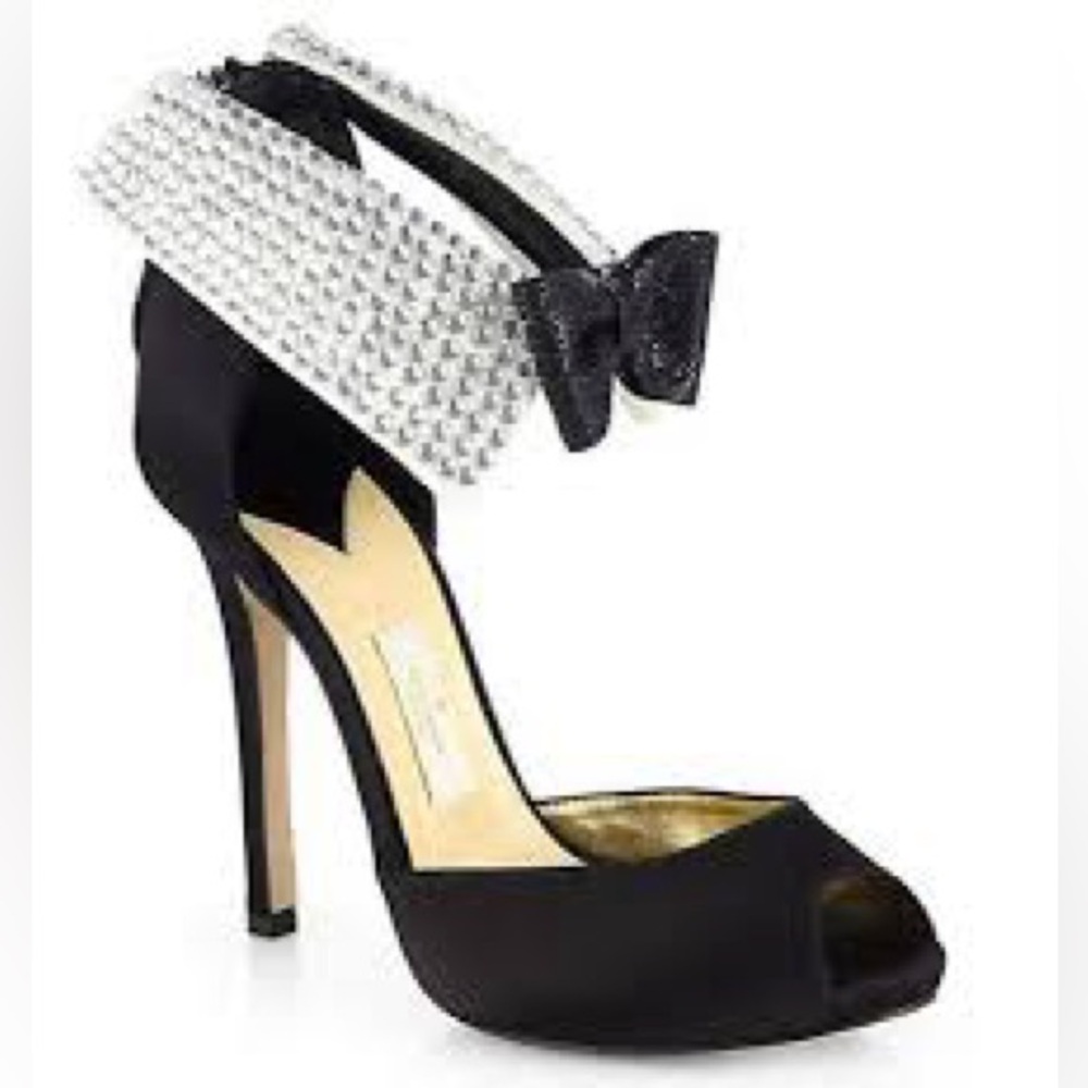 Kate Spade Satin Black-Tie Peep Toe Stiletto Bow Heel Crystal Tuxedo Sandals